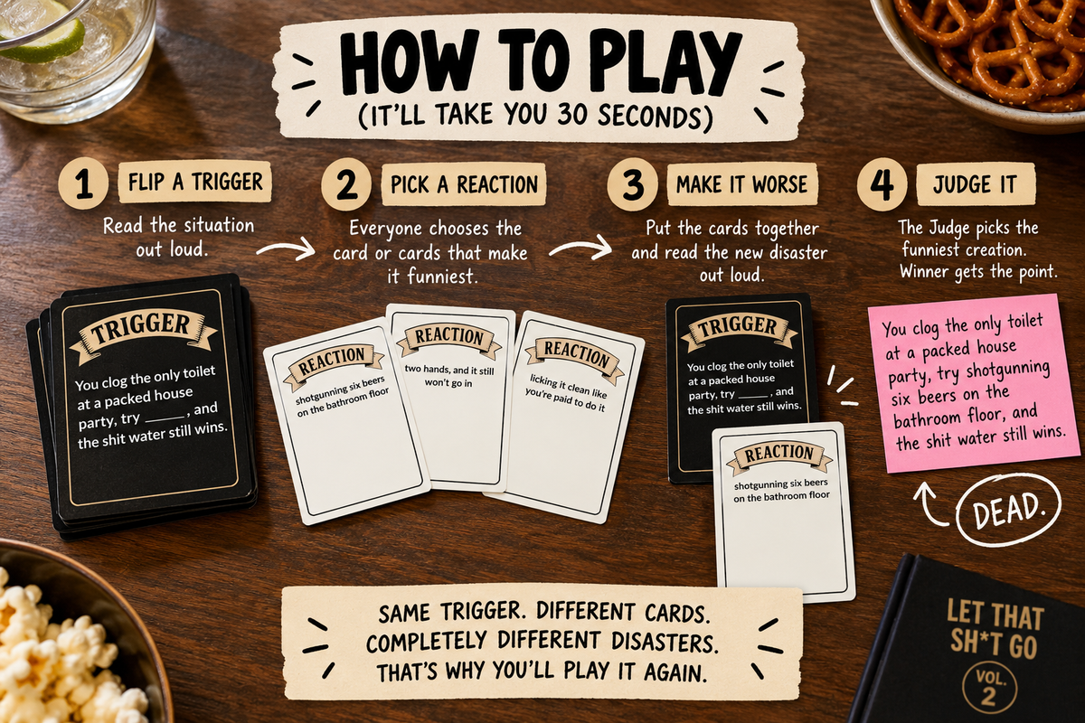 Let that Sh*t Go VOLUME 2 - The Party Card Game for Emotionally Unhinged Adults | Roast Your Friends at Game Night | 400 Cards | Funny Adult Card Game Gift | 3-10+ Players